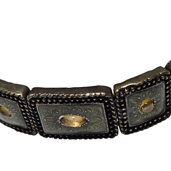 Vintage Antique Gold Silver Tone Metal Links Stretch Bracelet Etched Design - Picture 3 of 5